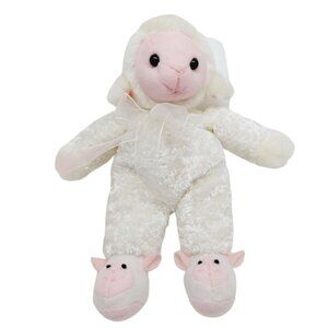 Dollar Tree plush Lamb Sheep with Sheer Bow and Sheep Slippers 9"